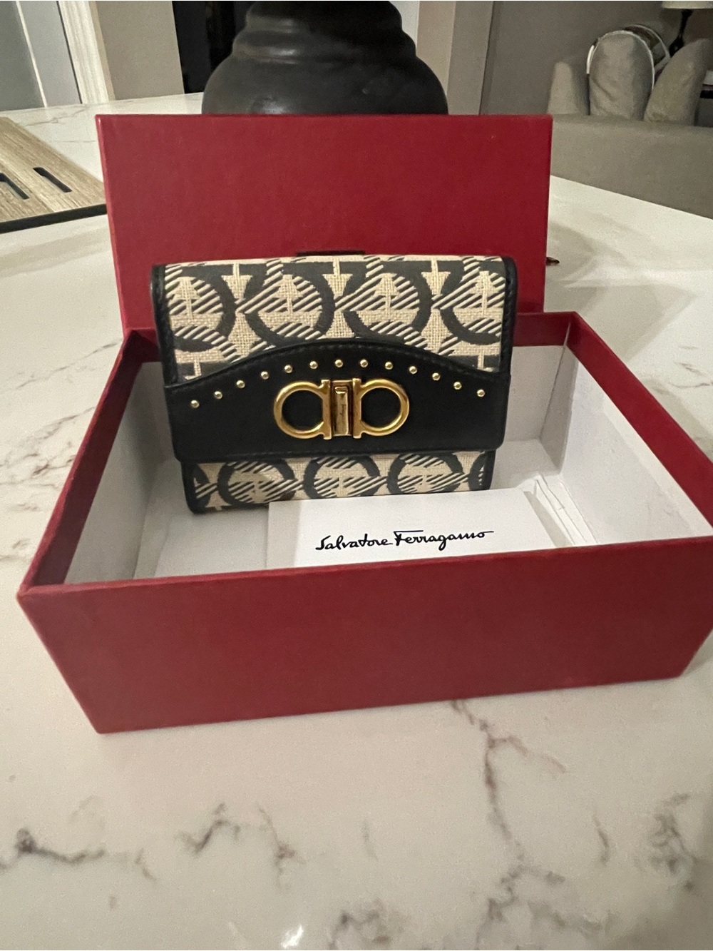 Salvatore Ferragamo Black&Cream Gancini Canvas ChangeWallet with Gold Hardware